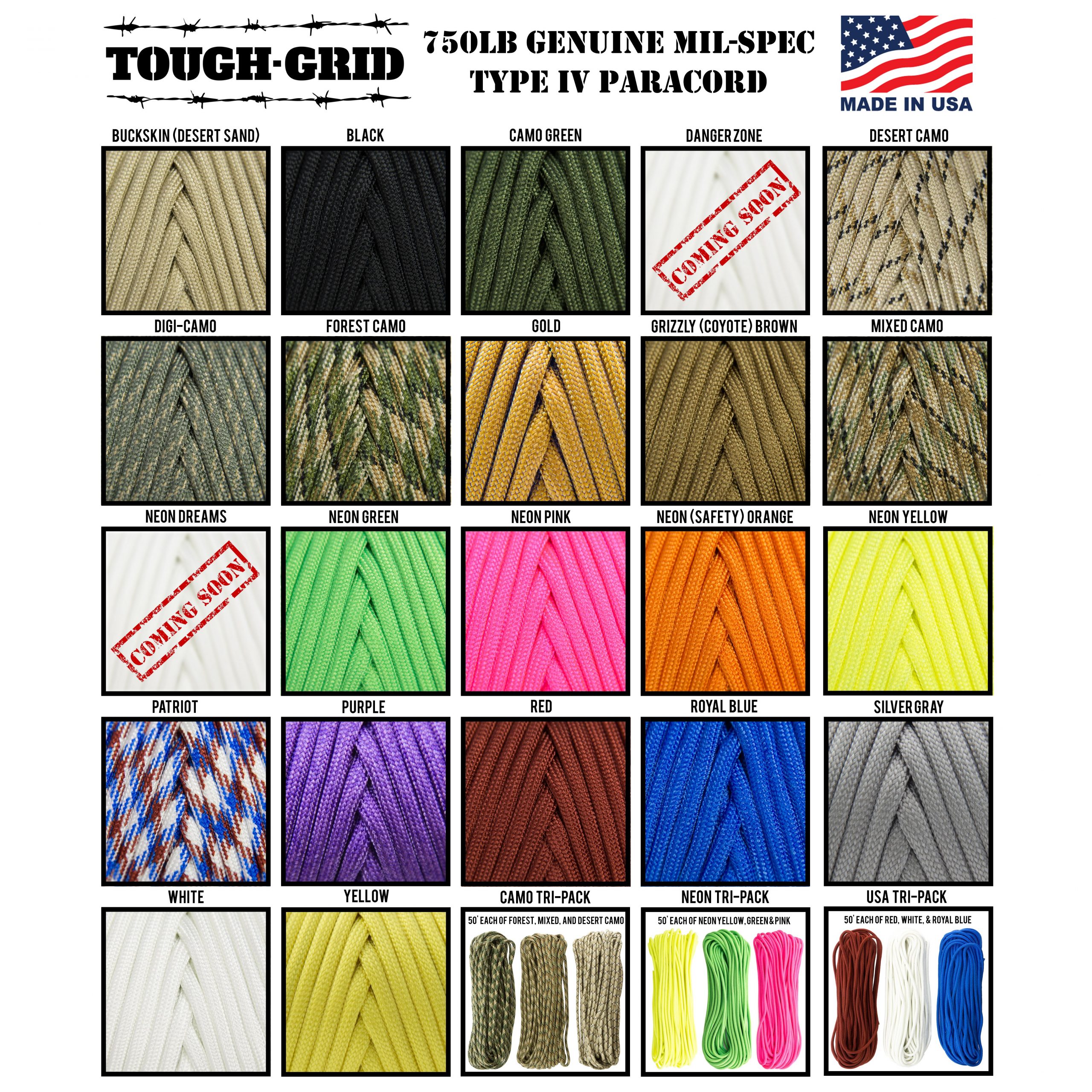 TOUGH-GRID 750lb Grizzly MIl-C-5040-H Coyote Grizzly Brown 200Ft Brown Paracord//Parachute Cord Genuine Mil Spec Type IV 750lb Paracord Used by The US Military - 100/% Nylon