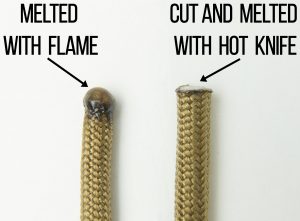Melting paracord with a lighter produces a ball of nylon on the end. Using a hot knife produces a clean, flat cut.