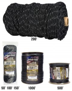 Sizes of TOUGH-GRID 700lb Reflective Paracord include100Ft. (Coiled in Bag), 200Ft. (Wound on Tube), 500Ft. (Wound on Spool), and 1000Ft. (Wound on Spool)