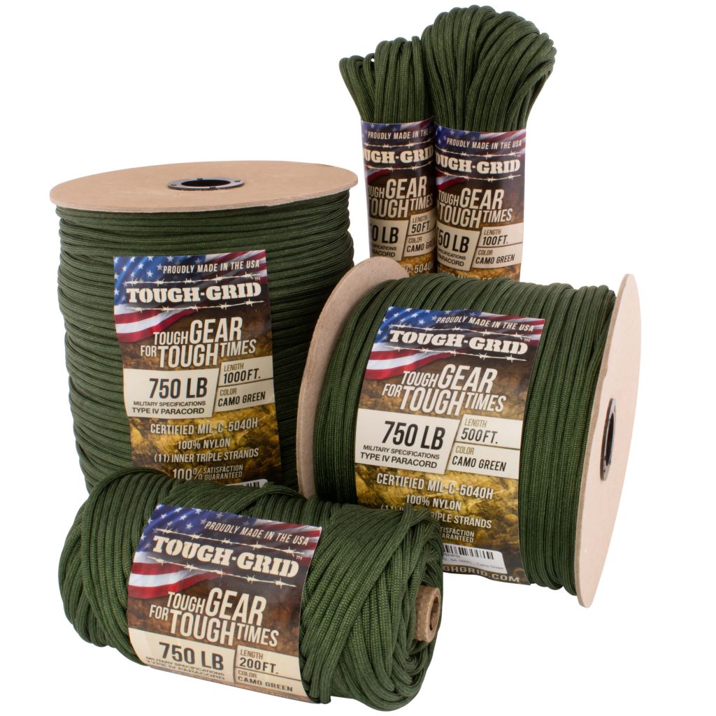 Sizes of TOUGH-GRID 750lb Paracord include 50Ft. (Coiled in Bag), 100Ft. (Coiled in Bag), 150Ft. Tri-Packs (Coiled in Bag), 200Ft. (Wound on Tube), 500Ft. (Wound on Spool), and 1000Ft. (Wound on Spool)